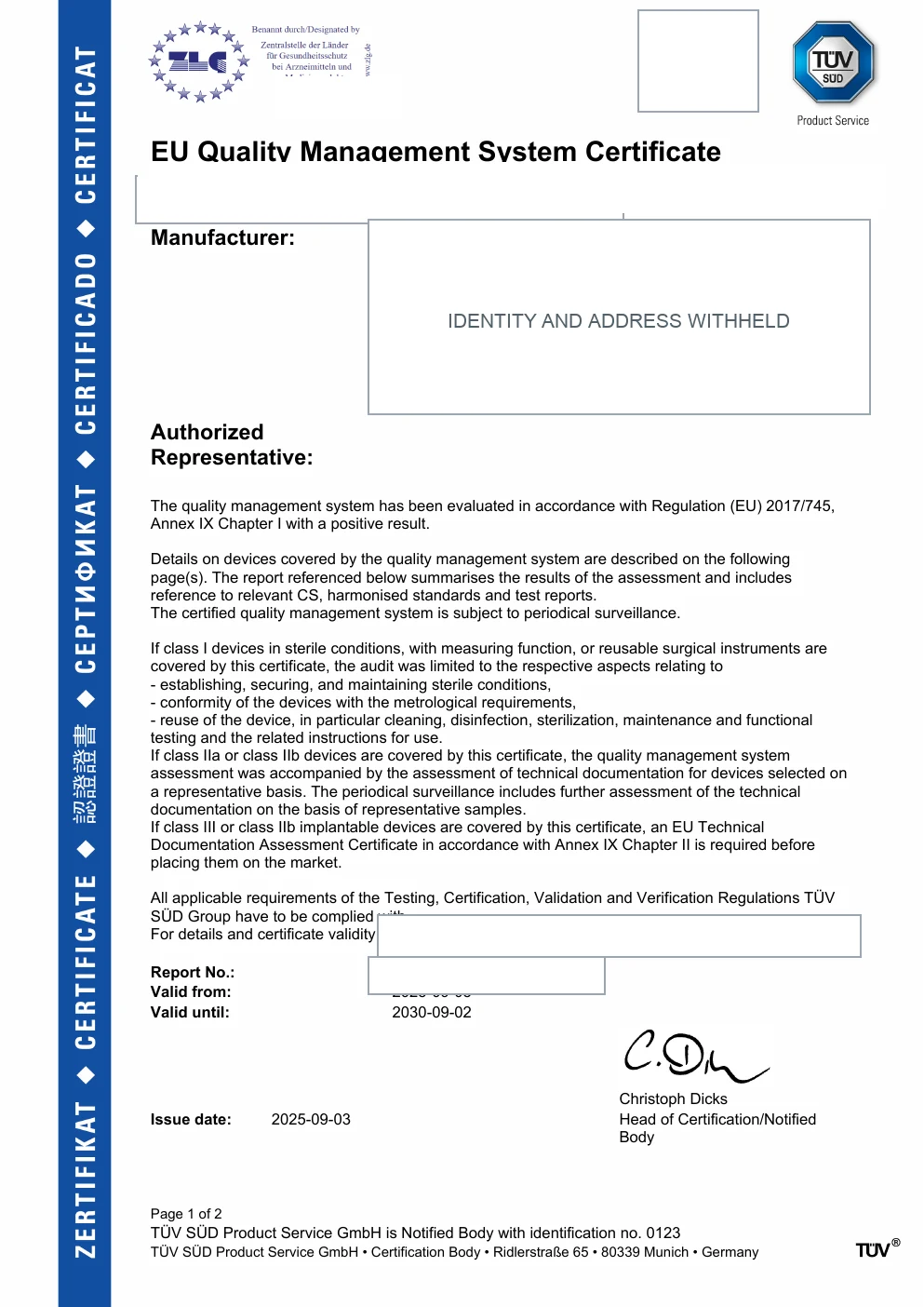 EU MDR quality management system certificate preview